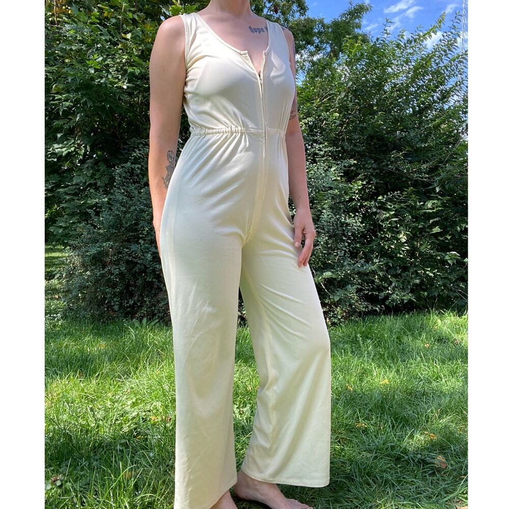 Size S-L//Vintage 70s Cream Nylon Wide Leg Jumpsuit